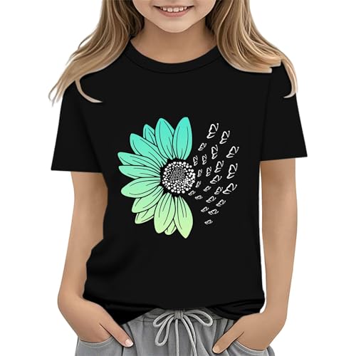 Girls Loose Fit Sunflower Graphic T Shirts Short Sleeve Crewneck Cute Pattern Printed Tops Kids (I-Black, 6-7 Years)