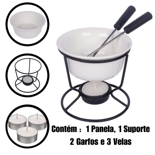 Conjunto Fondue Em Cerâmica Redondo 7 Peças 140ml Chocolate Queijo - 3 Velas