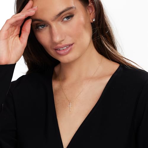 JTV Cross Necklace for Women - 18K Yellow Gold Over Sterling Silver - 0.51CTW White Cubic Zirconia Pendant - Tarnish-Resistant Religious Gift - 18"4