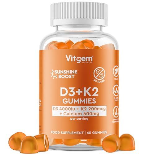 Vitgem 60 Gummies - Vitamin D3 4000 IU + K2 100 µg - Orange Flavored Gummy for Immune and Bone Health Support - High Strength Sunshine Vitamin D Supplement - Vegan, Gluten Free & Sugar Free