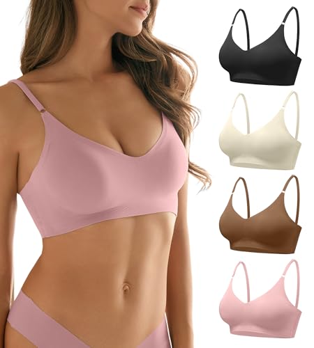 Image of DEANGELMON V Neck Bra Padded Seamless Adjustable Straps Bralettes Everyday Basic Sleeping Bras Multiple Pack