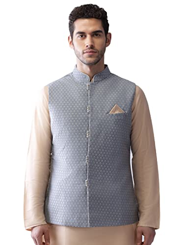 Image of KISAH Men's Cream Jacquard Silk Blend Nehru Jacket- Traditional Indian Waistcoat for Weddings & Royal Parties