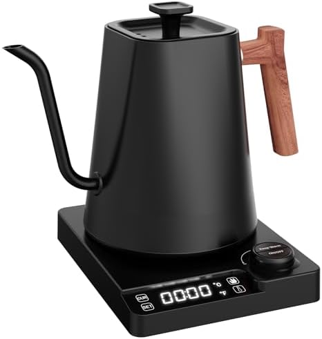 Vmotal Edelstahl Wasserkocher mit Temperatureinstellung, Schwanenhals Wasserkocher, 24-Stunden-Wärmefunktion, 1200W Elektrischer Teekessel mit Temperaturanzeige,1L Kaffeekessel