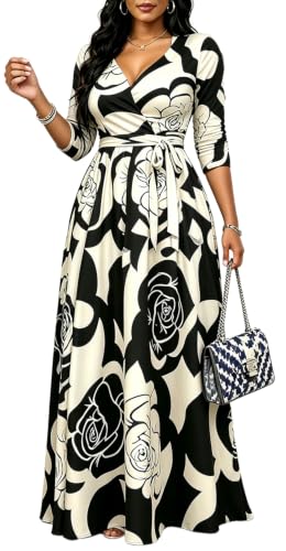 Image of CaniBtr Maxi Dresses for Women Plus Size 3 /4 Sleeve Long Dress with Belt