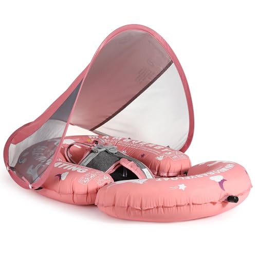 Image of Mambobaby Float Self-Inflating Baby Pool Floats Hammock with Canopy, Compressible Folding Baby Floating Bed, Pool Floatie Lounger, Toddler Swim Float (Limited Edition Pink)