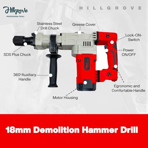 Image of Hillgrove HGCM1063M4 18MM Demolition Chisel+Hammer Concrete Breaker Drill Machine with 2 Bits for Breaking Concrete Wall /Hammer Drill (18 mm Chuck Size, 2200 W)