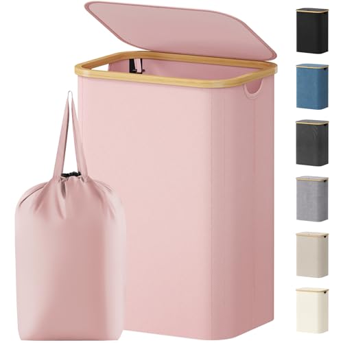Lifewit 80L Laundry Basket with Lid Clothes Hampers for Laundry with Bamboo Handles and 1 Removable Bag Large Foldable Laundry Hamper for Bedroom Bathroom Dorm Laundry Room Pink