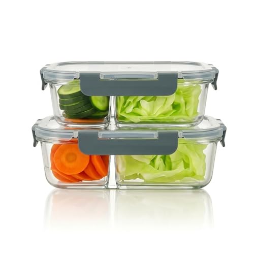 Image of Glass Lunch Box with 2 Compartments | Leakproof Borosilicate Glass Lunch Container with Airtight Lid | BPA Free Tiffin Box for Office, School & Travel (1x570ml + 1x980ml)