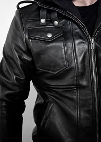 Image of Mens Genuine Black /Brown Hooded Bomber Leather Jacket Real Lambskin Waxed with Removable Hood