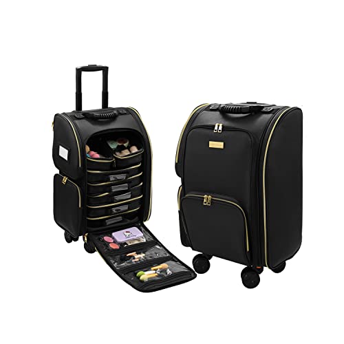 Tense Edano Large Capacity Softed Sided Pu Leather Trolley Makeup Train Case Cosmetics Travel Storage Organizer With Wheels Black Rolling Make Up Vanity Case With Small Pvc Pouches #TOP5