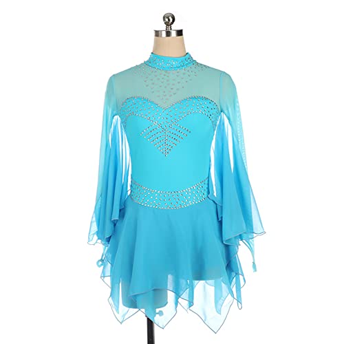 YAHAO Kürkleider Eiskunstlauf Damen, Kristalle Elastisches Skaten Tragen Tanzkostüme Eislaufrock Mit Fingerspitzen-Ärmeln Gymnastik Trikot Tanzkleidung Kostüme Wettkampfkleider,Blu-XX-Large Cover