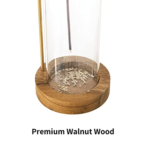 Sunolga Incense Holder With Removable Glass Ash Catcher Mess, Modern Incense Holder For Sticks With Round Walnut Base, Brass Incense Burner Holder For Zen, Yoga, Spa, Meditation, And Home Decor #TOP4