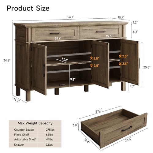 Image of ONBRILL 55 Inch Buffet Cabinet with Storage, Farmhouse Sideboard Buffet w /2 Drawers and 3 Doors, Coffee Bar Cabinet with Adjustable Shelves, Sideboard Storage for Kitchen, Living Room, Washed Grey