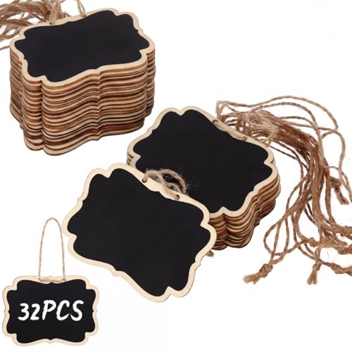 Boao 32 Pcs Wooden Mini Chalkboard Signs Chalkboard Hanging Labels, Ideal Price Tags, Message Boards, Black