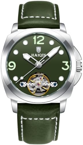 HAIQIN Men's Automatic Skeleton Watch,Cushion Case 40.5mm Leather Strap