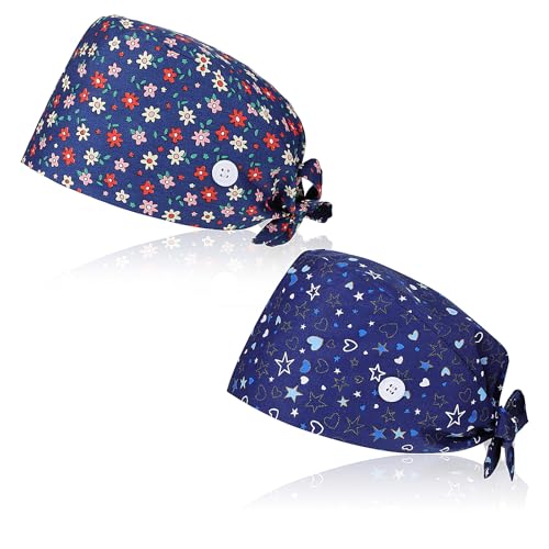 HJZHII 2er-Pack OP Hauben für Damen und Herren, verstellbare Arbeitshauben mit Knöpfen, elastische Bindebänder, Schweißband für Damen und Herren