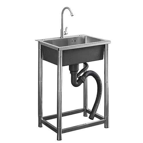 Fregadero móvil comercial de acero inoxidable con grifo, lavabo portátil para exteriores, fregadero de pie para cocina, garaje, patio trasero (50 x 40 x 75 cm)