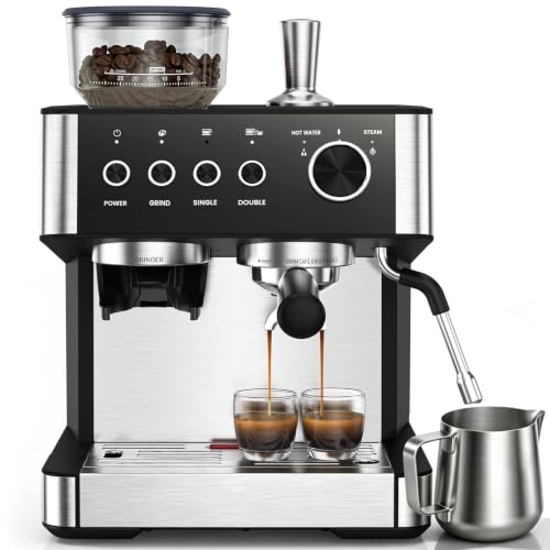 Image of Espresso Machine with Grinder, Professional Expresso Coffee Machines,Coffee Maker with Tamping Tools and Steam Wand, 30 Grind Settings, Removable Water Tank for Cappuccino /Latte-Stainless steel&Black