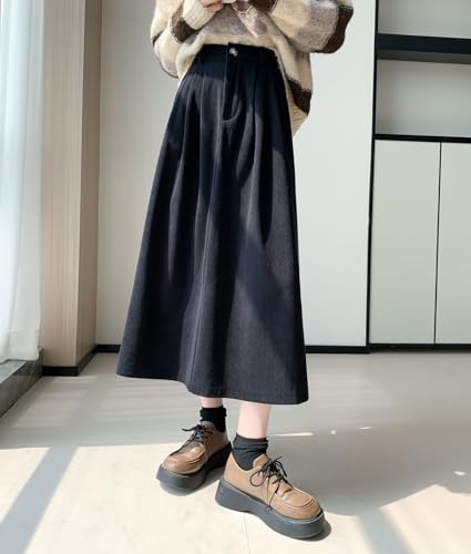 chouyatou Women's Vintage Corduroy A Line Skirt High Elastic Waist Pleated Swing Midi Long Skirt with Pockets2