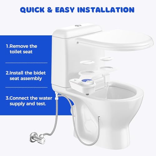 Image of POCALAND Bidet Attachment for Toilet Seat, Non-Electric Cold Water Bidet with Pressure Controls, Dual Nozzles for Frontal & Rear Wash, Retractable Self-Cleaning for Female & Old- White