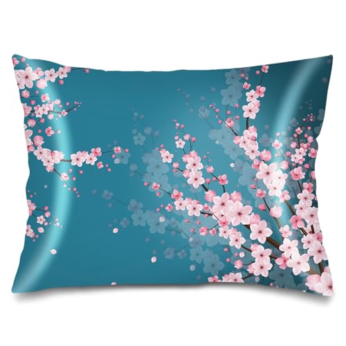 Satin Pillowcase for Hair and Skin,Cherry Blossom Throw Pillow Cover 20"x26" Silk Pillowcases Envelope Closure,Flower Pillow Covers Teal Decorative Cushion Cases Standard Pillow Case for Bed,Couch