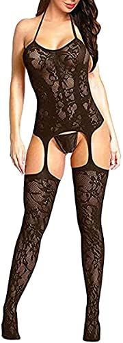 Bommi Fairy Women's Fishnet Chemise BobyStocking Babydoll Bodysuit Chemise Nightwear Perspective Lingerie Mini Dress One Size