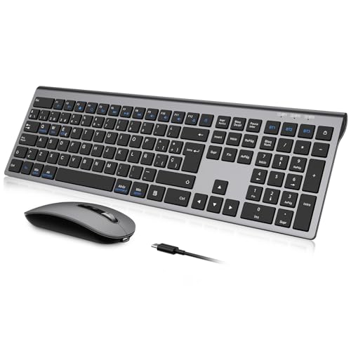Teclado y Ratón Inalámbrico Bluetooth  cimetech Teclado y ratón Recargable, QWERTY Español Layout, Teclado de diseño ergonómico, Ultrafino para Ordenador/PC/portátil/Windows 10(Gris)