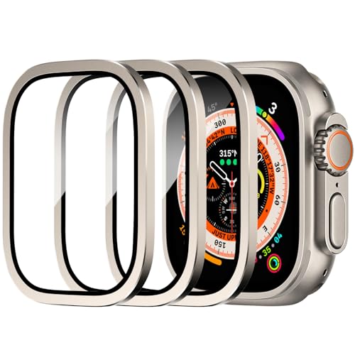 Protectores de Pantalla para Apple Watch Ultra de 49mm, Vidrio Templado 9h + Marco de AleacióN de Titanio, Mantiene el Original, Sensible al Tacto，PelíCula Protectora Ligera Iwatch Ultra 2 (3pack B)