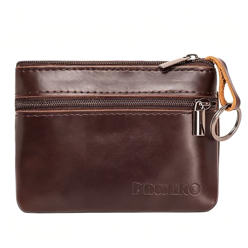 BAWAKO Monedero de Piel auténtica, Monedero pequeño para Hombre y Mujer, Tres Capas de Cremallera, Cremallera, Llavero, Monedero Mini Monedero (Marron Oscuro, W9,5/L13)