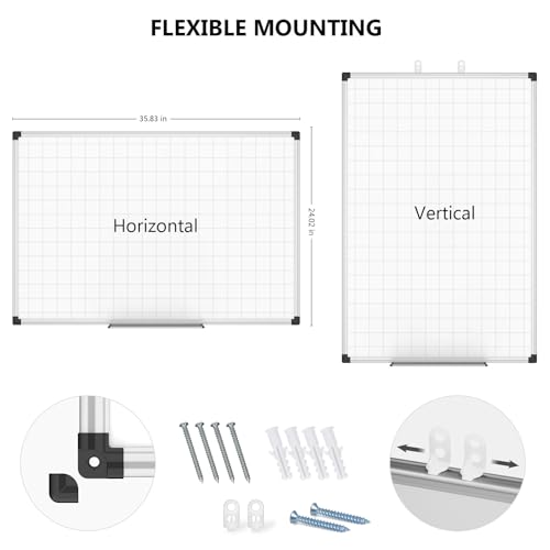 Image of XBoard Magnetic Dry Erase Whiteboard with Lines 36 x 24 Inch, 3' x 2' Double Sided Hanging White Board Planner for Wall | Grid Lined White Board + Message Presentation Board