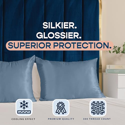 Image of BLISSFORD Satin Pillowcase with Zipper, for Hair and Skin Care, Feels Soft and Cool Like a Silk Pillowcase, Satin Pillow Cases 2 Pack, Slik Pillow Cover, Slate Blue - Queen Size, Set of 2
