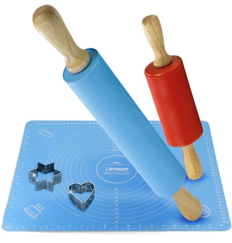 Rolling Pins and Silicone Baking Mat Set - Non-Stick Rolling Pin and Silicone Pastry Mat Dough Roller with Wooden Handle Combo Kit for Baking