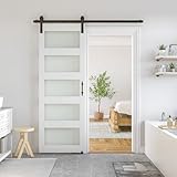 SmartStandard 28 x 80 in Glass Barn Door with 5FT Sliding Hardware Kit & Handle, Pre-Drilled Ready to Assemble, Waterproof PVC Coating, White, 5-Panel Glass