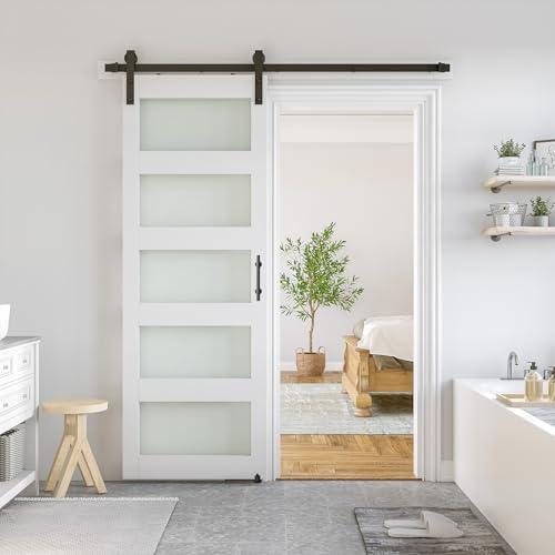 SmartStandard 30 x 80 in Glass Barn Door with 5FT Sliding Hardware Kit & Handle, Pre-Drilled Ready to Assemble, Waterproof PVC Coating, White, 5-Panel Glass 30"x80" Door + 5' Track Kit White