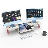 Dual Monitor Riser - 2 Shelf Monitor Stand with Adjustable Length and Angle, Metal Support Leg,Removable Storage Drawer, Desktop Organizer Screen Stand for PC, Computer, Laptop (Gray)