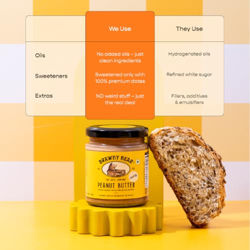 Image of Brawny Bear Peanut Butter Crunchy, Natural Sweetened with Dates, Healthy Nut Butter with No Added Sugar and Preservatives, Vegan, High in Protein Spread, Pack of 2 (500 gm each)