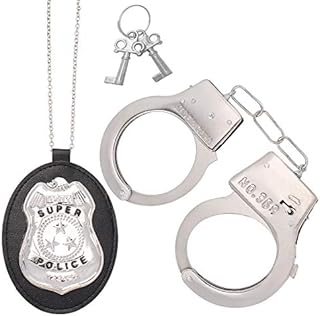 Beelittle Police Handcuffs Police Badge Role Play Set for Swat Detective FBI Halloween and Police Costume Dress up Party Favor Supplies (Set-B)