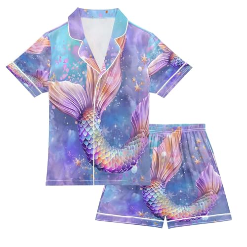 ALAZA 3d Mermaid Starfish Satin Pajamas Set Short Sleeve Button Down Sleepwear Summer Pjs 2 Piece
