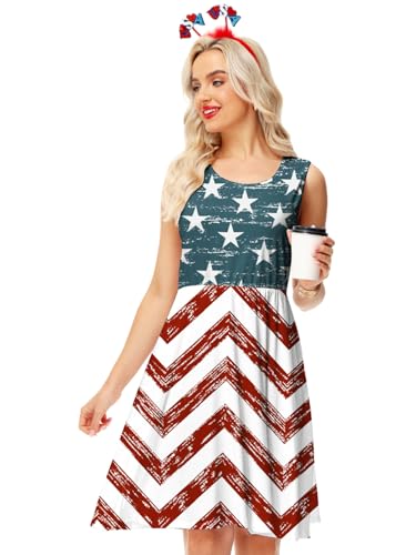 Image of Deerose 4th of July Dress for Women Sleeveless American Flag Patriotic Elastic High Waist Sundress