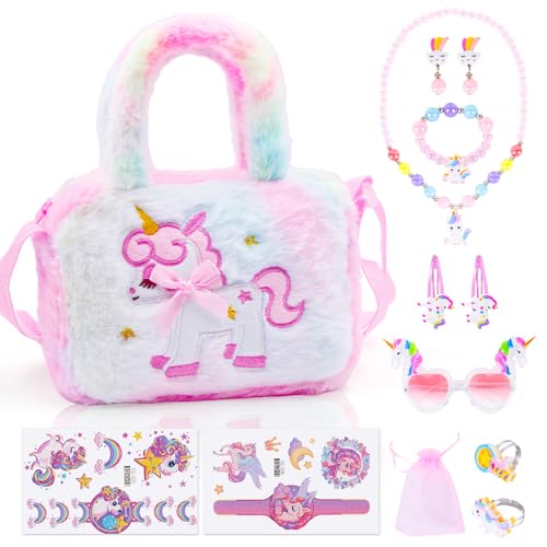 Einhorn Handtasche Geschenk, Einhorn Handtasche Schmuckset für Mädchen 3 4 5 6 7 Jahre für Rollenspiel Geburtstagsgeschenk