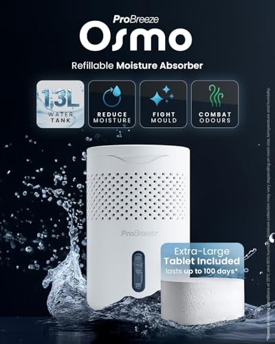 Pro Breeze Osmo® Dehumidifier, Silent & Refillable Moisture Absorber for Damp & Condensation at Home, Bedroom, Wardrobe, Car, Mould Remover with 1 Tablet, No Power Required- Proudly designed in the UK