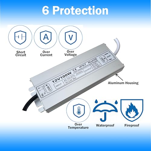 Image of Led Driver 12V Led Transformer 100W IP67 Waterproof Power Supply Ultra Thin 0.78in 100-277V AC to 12Vdc Low Voltage Transformers with 3-Prong Plug 3.3 Feet Cable Indoor Outdoor LED Light