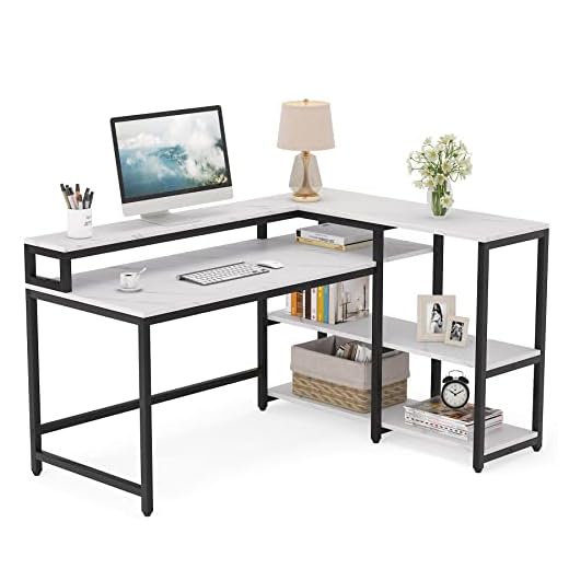 LITTLE TREE Reversible L Shaped Computer Corner Desk, Large, Faux Marble White