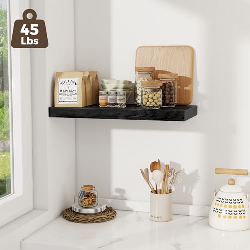 Image of Fun Memories 24 x 12 Inch Deep Floating Shelves, 12 Inch Deep Rustic Wooden Book Shelf, Extra Deeper & Thicker Hanging Shelves for Living Room, Bathroom, Bedroom, Kitchen, Office, Set of 2 (Black)