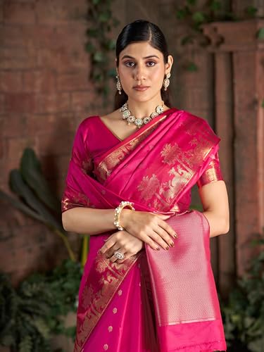 Image of MADHUHANSH Women's Cotton Silk Saree with Unstitched Blouse Piece Zari Weave and Floral Pattern | Heavy Embroidery Saree for Women | Interview Saree for Women | Readymade Blouse with Saree Set