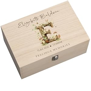 ukgiftstoreonline Personalised Wooden Baby Memory Box, Woodland Alphabet Design, Keepsake Storage for First Shoes, Photos, Mementos