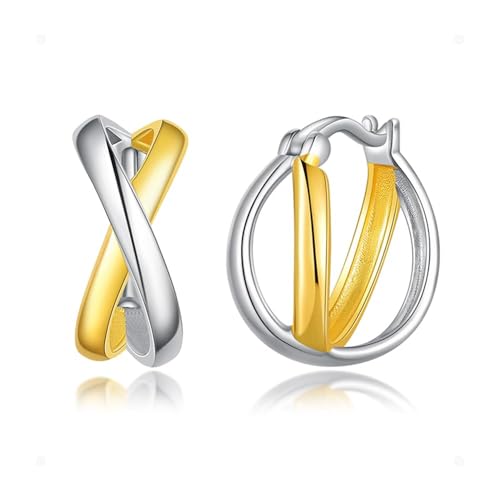 Mixed Metal Earrings with 925 Sterling Silver Ear Posts Two Toned Earrings Silver Hoop Earring for Women Daily Jewel Gift for Her