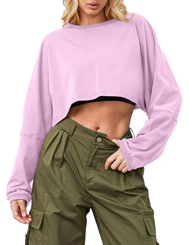 Image of Ziesexy Cropped Sweatshirt Long Sleeve Crop Top Workout Oversized Sweatshirt Loose Crop Tops For Women Crewneck Sweatshirt, Pink, S