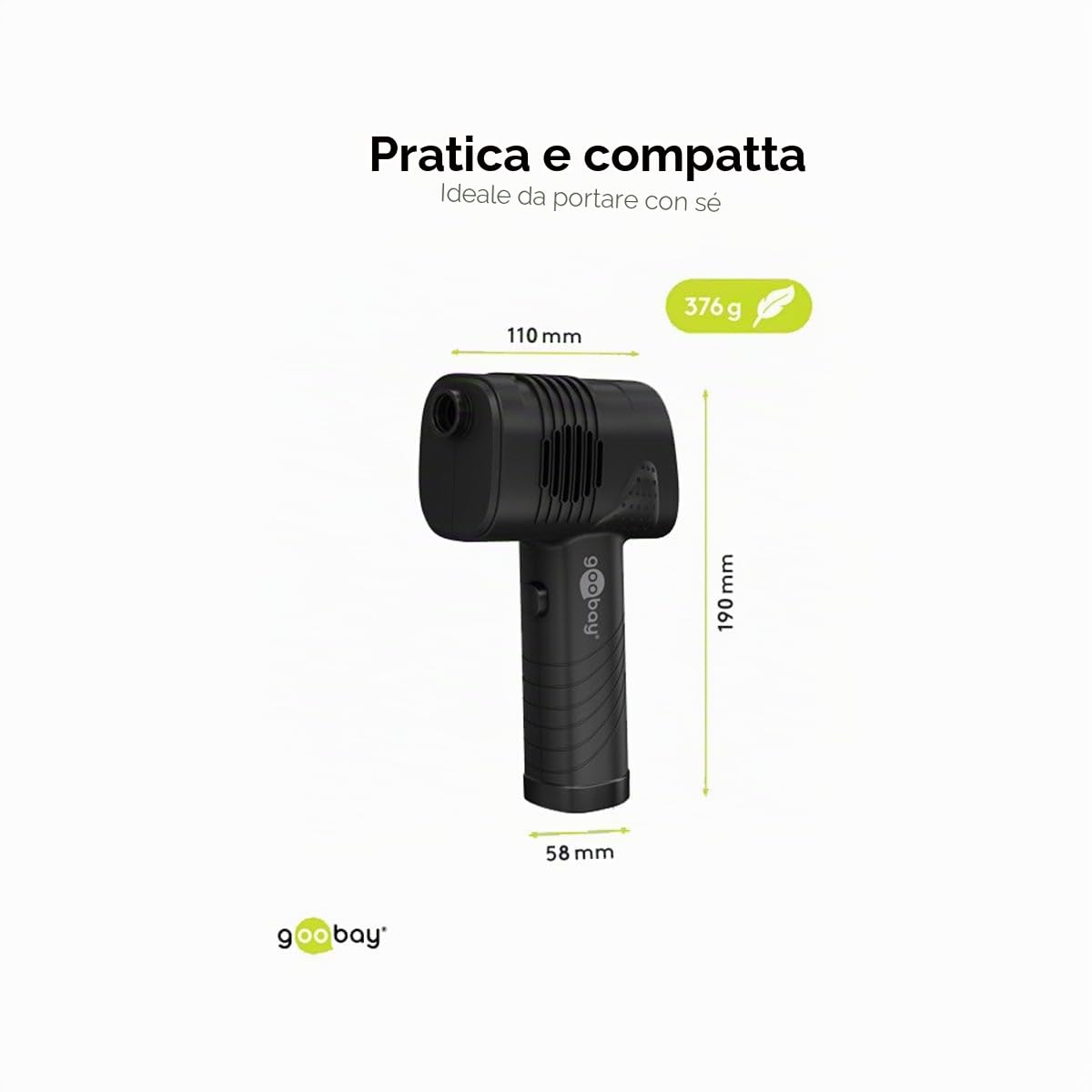 goobay 61667 Soffiatore elettrico/Pulizia di PC, tastiere, radiatori, divani, ecc. / Batteria ricaricabile da 2.000 mAh 35.000 giri/min fino a 90 minuti di funzionamento/Luce LED integrata