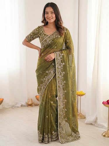 Image of ORHANS Women's Tissue Silk Ethnic Motifs Embroidered Tissue Heavy Work Saree with Embroidered With Unstitched Blouse Piece Blouse Piece | Beautiful Saree for Women | Traditional Indian Sari